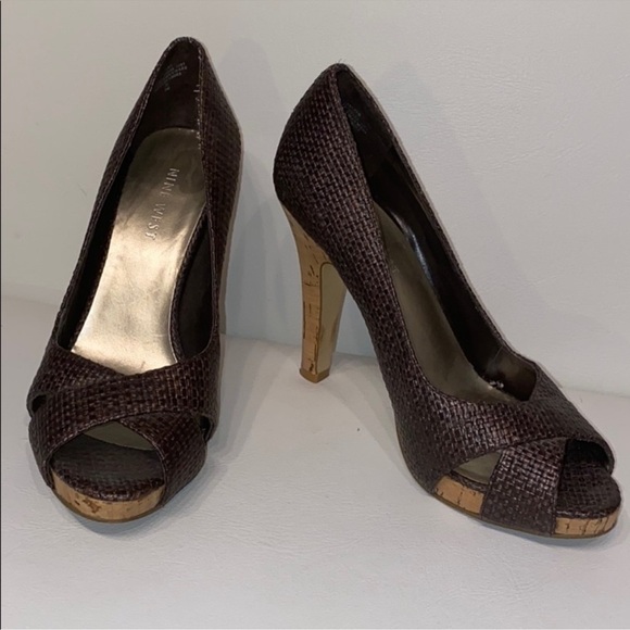 Nine West Shoes - Nine West Women’s Brown Wicker Cork Heels Open Toe Pumps Size 7 US
